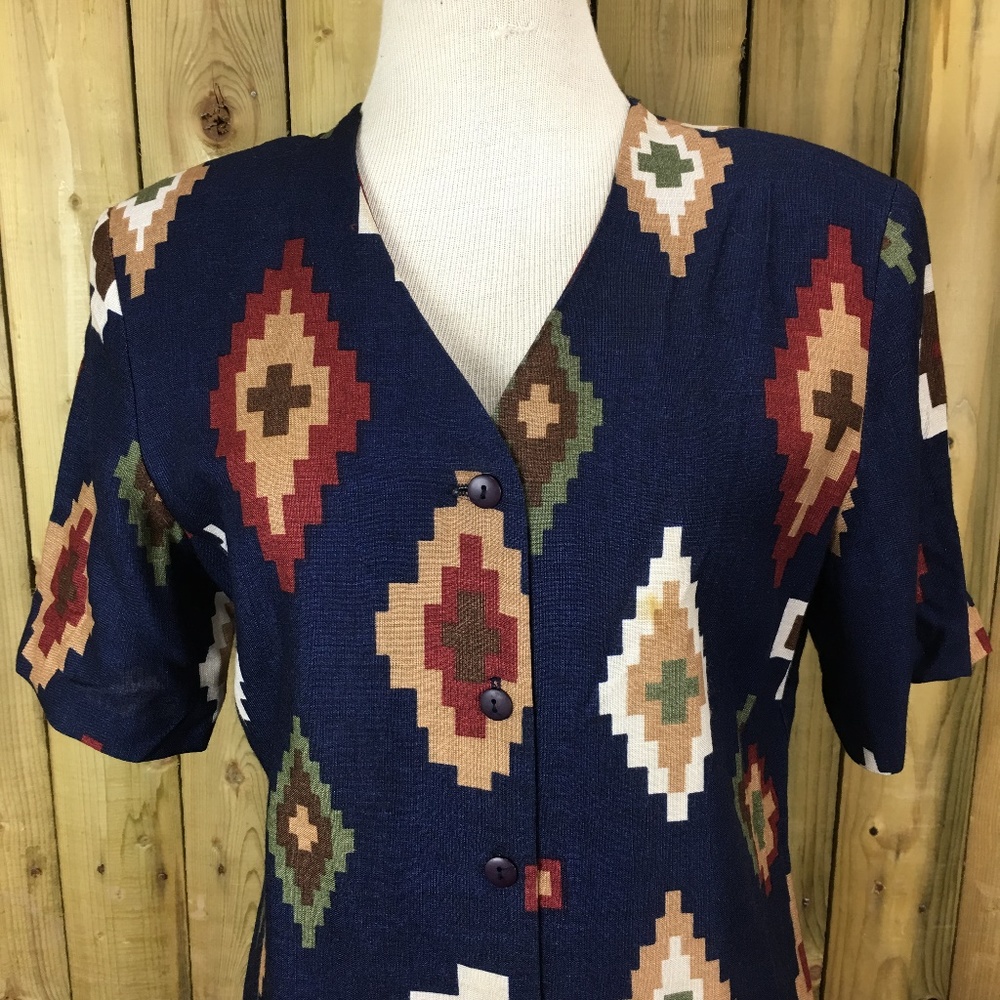 Vintage Southwestern Navy Blue Button Down Blouse - Picture 2 of 5